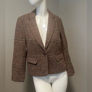 JH Collectibles Brown/ Black Wool Blend Plaid LS One Button Short Blazer Size S